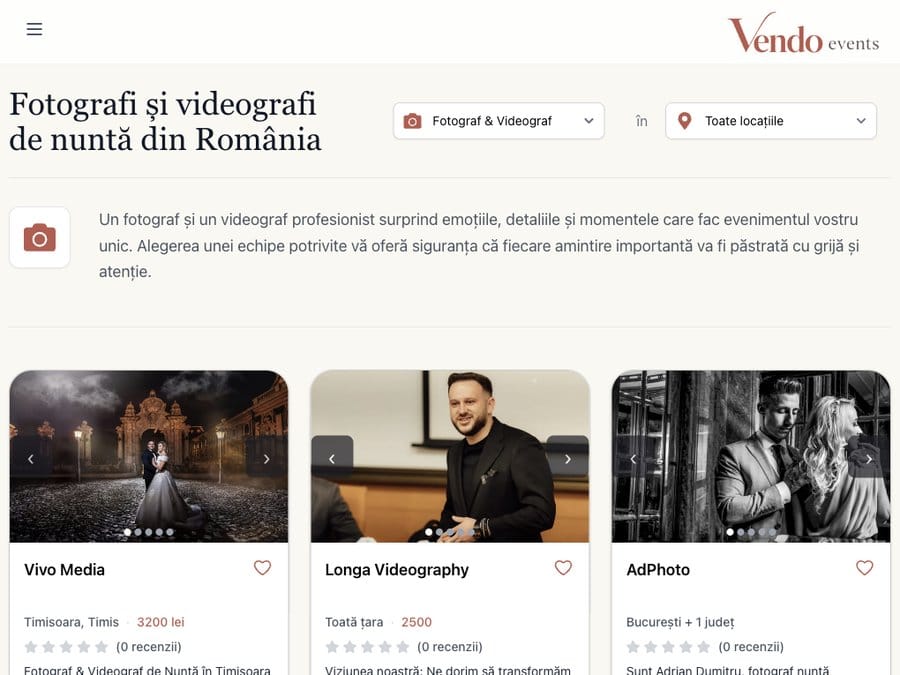 Vendo Events pe tabletă, lista de fotografi și videografi: deschide vendoevents.ro